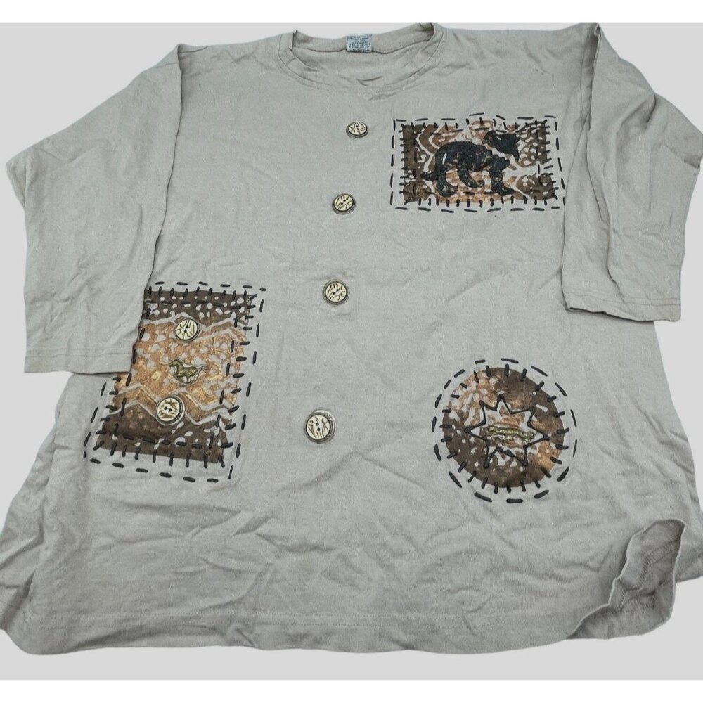 Cesucci long sleeve shirt buttons boho animals cotton brown gold black READ